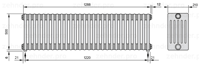 Схема (чертеж) Радиатор Zehnder Charleston 6050/28 №3570 Белый глянцевый RAL 9016